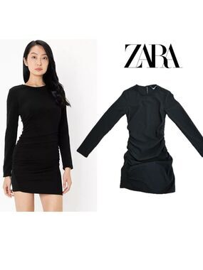 Zara Black ruched  stretchy long sleeve mini bodycon dress Sz S party Vegas